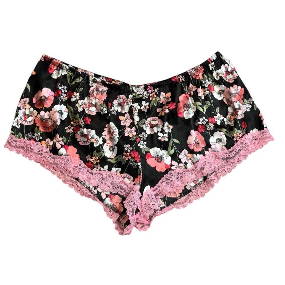 Vintage French Knickers Sleep Pajama Shorts Liquid Satin Silky Floral Pink XL